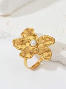 1 Peça Anel Ajustável Floral com Pérola Falsa, Concha e Estrela-do-mar, Retrô de Aço Inoxidável Dourado, Moda Verão Festa na Praia Uso Diário, Ótimo Presente para Namorada, Amiga