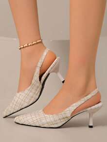 Sapatos de Salto Alto de Bico Fino Femininos - Parte Superior de Tecido Listrado com Bordado Decorativo, Forro Sintético e Sola de Borracha, Sapatos Formais e Casuais Elegantes para Todas as Estações, Adequados para Ocasiões Formais | Estilo Sofisticado | Durável e Resistente ao Desgaste