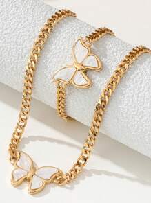 1 Set Vintage Thick Chain Butterfly Pendant Necklace & Bracelet