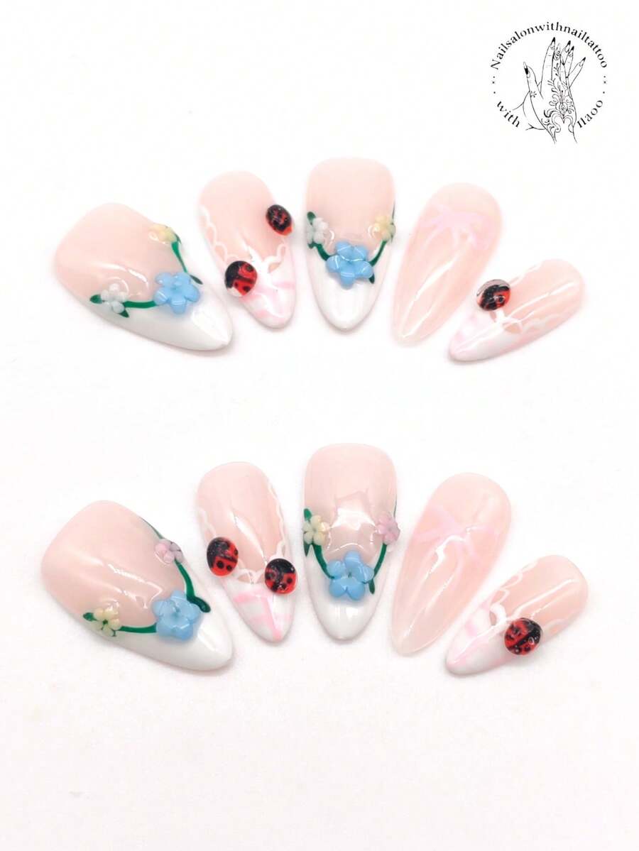 10 Pieces Of Pure Hand-Pressed Wearable Nails, Press On Nails, Nail Supplies, Nails Press On, Beach Essentials, 25mm Long Nail Pieces, Rose-Red Nail Color, Hand-Painted Petals, Hand-Painted Green Branches And Flowers, Multiple Beetle Ornaments