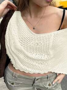 ملابس علوية كاجوال صيفية كبيرة الحجم للنساء ذات لون أحادي وطبعة حرف محظوظ بأكمام خفافة، ملابس علوية محبوكة شبكية مفرغة مناسبة للعطلات والشاطئ مع حافة غير متماثلة