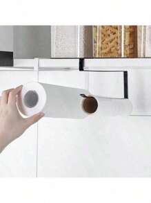 1pc Black/White Kitchen Paper Towel Holder, Cabinet Paper Towel Rack, Iron Wall Mounted Cling Film Storage Rack, No Drilling Required