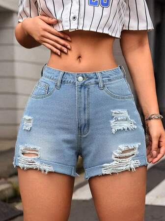 Women's Pocket Ripped Cuffed Denim Shorts