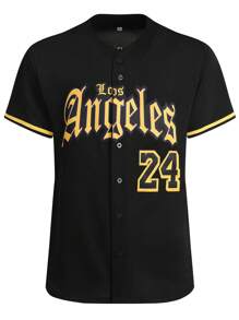 Men's Baseball Jersey, #24 Black, Button & Embroidery Sport Cardigan T-Shirt