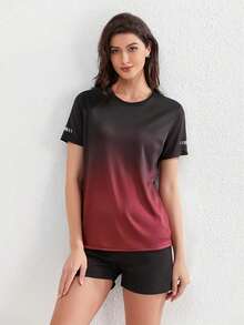 3 piezas Camiseta de manga corta deportiva para mujer con cuello redondo y degradado simple, adecuada para primavera y verano - Rojo - Ver 3