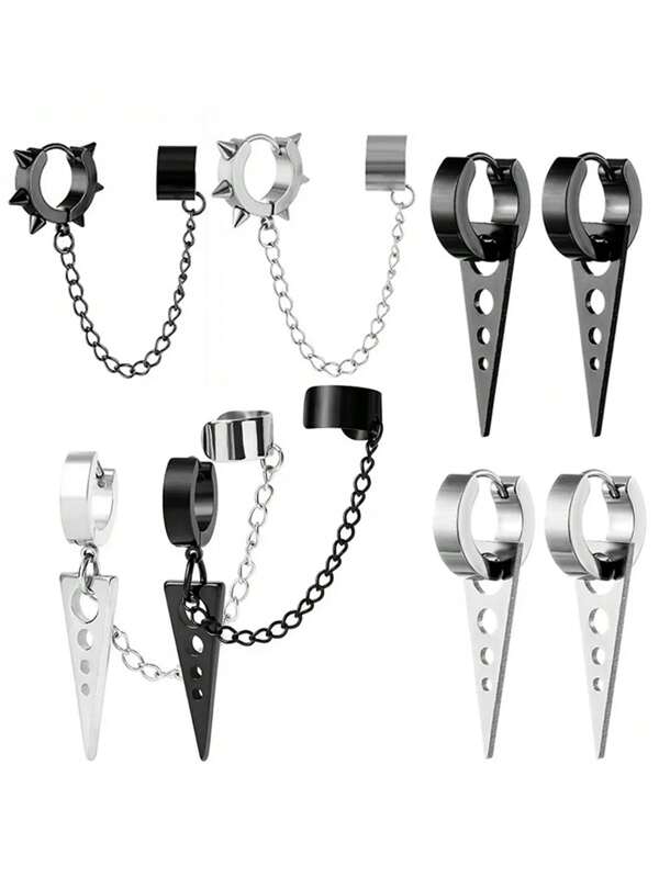 1 Set Men Stainless Steel Triangle Earrings, Stylish Punk Long Earrings Suitable For Daily And Party Wear, Unisex