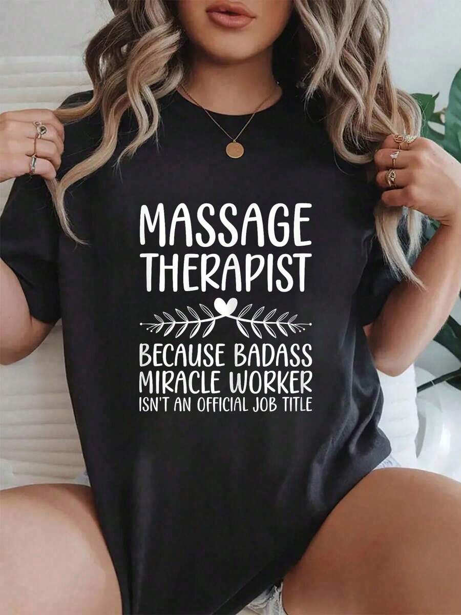 Funny Massage Therapy Design For Men Women Massage Therapist Crew Neck Short Sleeve T-Shirt, Casual Print Graphic Cotton Tees Women Tops - màu đen - Xem 1