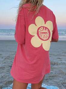 Women Y2k Oversized Graphic Tees Floral Print Short Sleeve Crewneck T Shirts Loose Fit Summer Going Out Tops For Teen Girls Aesthetic Clothes 2000s Beach Shirts For Women Streetwear - Màu Hồng  San hô - Xem 1