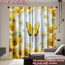 2 件向日葵和蝴蝶印花窗帘 - 鲜艳的黄色和白色设计，耐用涤纶，适用于客厅、厨房或阳台装饰（不含杆），客厅窗帘