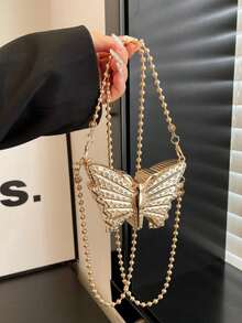 时尚手工珍珠百搭斜挎包，配有可拆卸长肩带，适合女士 - 金色 - 查看 2