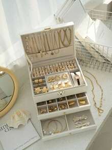 三层双选仿皮珠宝收纳盒，精致项链耳环金首饰手镯盒，大容量珠宝整理盒，带锁和柔软内衬抽屉 - 送给女性的理想情人节礼物 - 彩色 - 查看 1