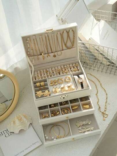 Three Layers Of Double Selection Faux Leather Jewelry Storage Box, Exquisite Necklace Earrings Golden Jewelry Hand Jewelry Box, Large Capacity Jewelry Organizing Box, Lock And Soft Lined Drawer - The Ideal Gift For Women Gift For Valentine's Day