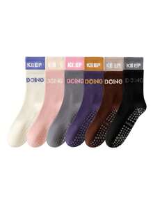 3/4/6 Pairs Of Pilates Non-Slip Grip Socks With Colored Letters Contrasting Double Lugs Yoga Mid-Tube Long Sports Socks Suitable For Four Seasons Fitness Ballet Yoga Indoor Sports Barefoot Hospital Floor Socks
