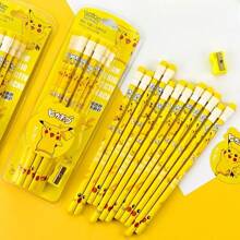 pokemon 12 Pikachu Taschenmonster Bleistift Set, Cartoon Bleistifte mit schwarzem Kern und grobem Holz, Schul- und Büroartikel, Halloween, Weihnachtsgeschenk, 12 Bleistifte inklusive Anspitzer, Schulmaterial, Schulanfang
