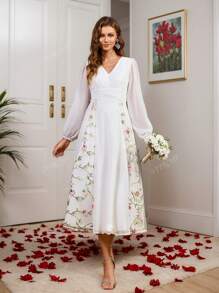 Vestido de Despedida de Noiva com Bordado Floral Branco, Decote em V e Manga de Lanterna, Vestido de Casamento, Vestido Branco Curto