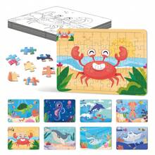 Qiwan 48Pcs Ocean Animals Underwater World Interlocking Puzzle, Shark, Sea Turtle, Octopus, Dolphin, Whale, Seahorse,White Coloring Board Double-Sided Educational Toys ,Birthday Party Gifts For Kids