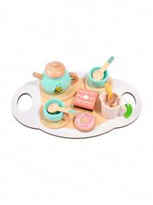 1 Set de té de madera para niños pequeños de 3+ años - Juguete de postre de Set simulado con tetera y galletas, regalo educativo Montessori para Sets de roles, juguete imaginativo para fiesta de cumpleaños
