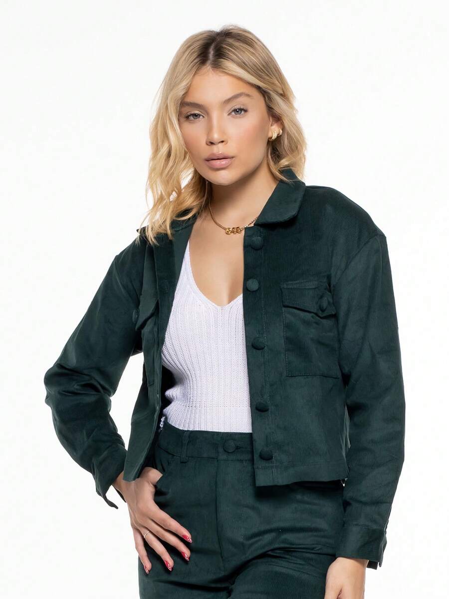 Special Promotion New Style Women's Corduroy Button Down Jacket Blouse IN-BLU-005 - Xanh đậm - Xem 1