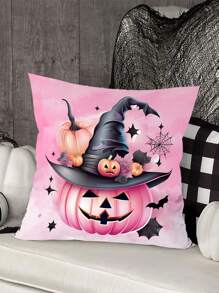 1 Stück rosa Halloween Kissenbezug, Kürbislächeln Geist Hexenhut Muster Kissenbezug, waschbar, Halloween Dekoration, Heimdekoration, Halloween Party Zubehör, Halloween Geschenk, Festliche Atmosphäre Requisiten, Frohe Halloween, Party Favors, Raumdekoration, Feiertagsdekoration, Festliche Dekoration