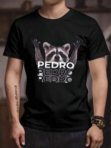 Men's Pedro Raccoon Print T-Shirt (White) 220gsm Men's Casual Round Neck Pure Cotton Short Sleeve T-Shirt (1 Piece) - 黑色 - 查看 1