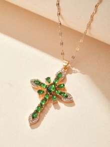 1 peça colar elegante de zircônia verde com cruz, colar de oração, joias femininas para presente
