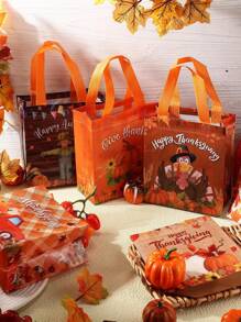 6pcs/3pcs-Autumn Thanksgiving Gift Bag With Handle, Reusable Thanksgiving Tote Bag With Tissues, Non-Woven Fabric, Autumn Pumpkin, Turkey, Maple Leaf, Turkey, Dwarf, Autumn Party Gift,Trick Or Treat