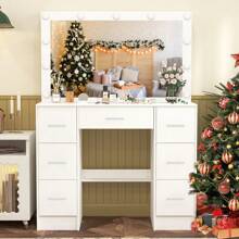 White Dressing Table 11 LED Lighted Mirror, 3 Color Modes Adjustable Brightness Mirror Dressing Makeup Table,Vanity Set 7 Drawers Dresser 39.4 X 15.7 X 55.2 Inch