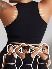 1pc Plus Size Women Seamless Supportive Sports Bra, Black Wireless Bra Padded, Suitable For Yoga, Fitness, Running, Gym