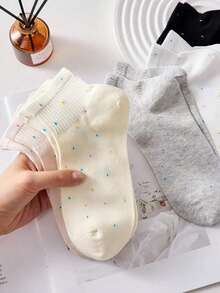 5双女士纯色和波点图案袜子，时尚可爱，柔软舒适，适合日常、运动、休闲穿着，四季皆宜，圣诞礼物佳选。 - 多色 - 查看 4