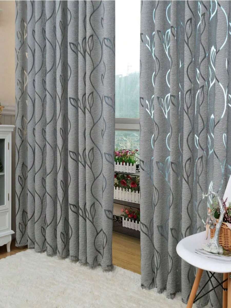 1 pieza Cortina transparente con recortes de hojas en gris, blanco, beige, rojo, semi-opaca de tela ligera adecuada para sala de estar, dormitorio, decoración del hogar - Gris - Ver 1