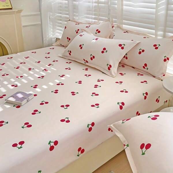 [Cherry Print | Soft] Soft And Breathable 1pc Cherry Print Fitted Sheet | 100% Polyester Brushed Fabric, Comfortable And Light Beige-Friendly, Suitable For Various Scenes, Machine Washable, Can Be Used In All Seasons