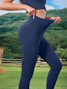 Casual Everyday Fitness Yoga Leggings, Pilates & Outdoor Tights - Navy Blue - View 2