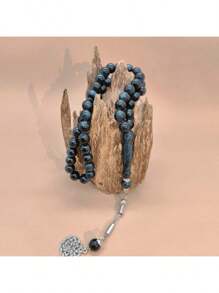Pulseira estilo Tasbih azul escuro de imitação de âmbar de alta qualidade para mulheres, 1 peça e 45 peças