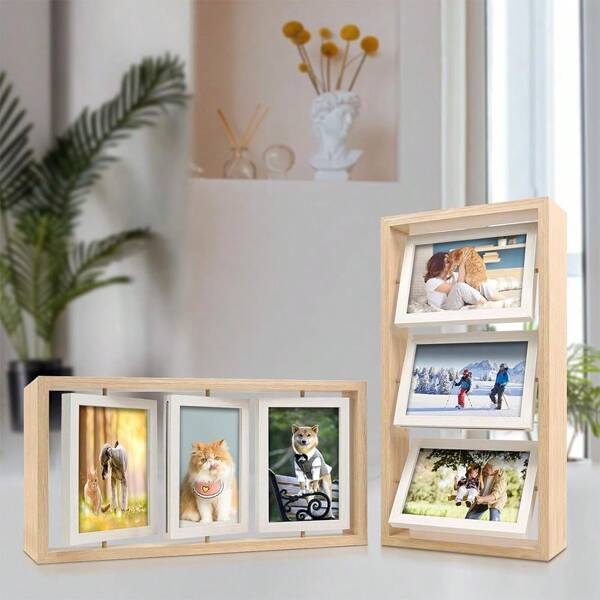 1pc Rotating Photo Frame 4 X 6in, 10 X 15cm Photo Collage Frame, Double Sided Multiple Aperture Picture Frame For Birthday Wedding Holiday, Triple Multi Photo Frame For Tabletop Display, Home Decor & Office Desk Ornaments, Funny Gift