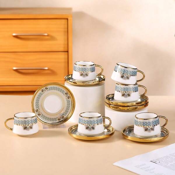 6pcs/Set Retro Italian Style High-Grade Espresso Cup & Saucer Set, Ceramic Thickened Espresso Cup 90ml/3oz