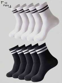 10 Paar/20 Paar unisex schwarz-weiß gestreifte und einfarbige atmungsaktive Socken bis zur Mitte des Knöchels als Freizeitsocken
