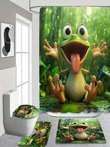 1/4 Stück Frosch Muster Duschvorhang Set, beinhaltet Duschvorhang, 12 Haken, Badematte, U-förmige Toilettenvorlage, Toilettensitzabdeckung, Badezimmer Dekoration, geeignet für Badezimmer Vorhang Set für den Schulanfang