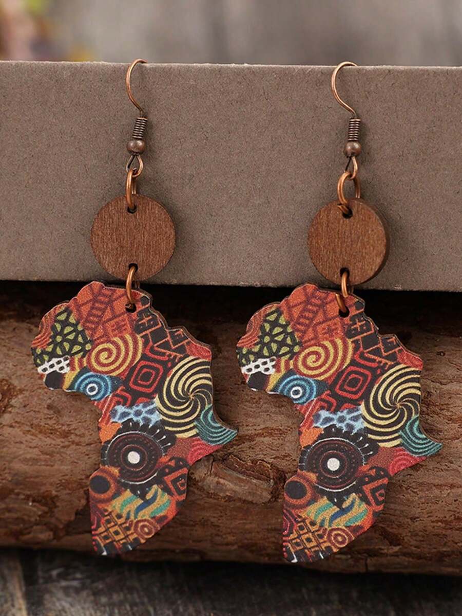 1 Pair New African Culture Map Wooden Earrings, Retro Style Earrings For Women