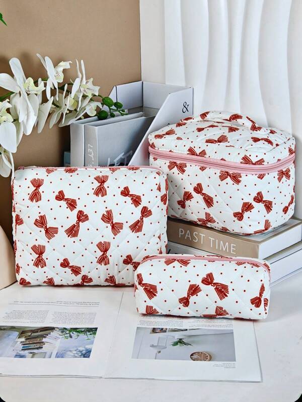 1 peça/2 peças/3 peças Bolsa Cosmética com Zíper Capitoneado em Estampa de Laço Cartunesco, Nécessaire de Viagem Portátil, Bolsa de Armazenamento Multifuncional de Grande Capacidade para Maquiagem, Ferramentas Cosméticas, Absorventes Higiênicos, Tablet, Cabos, etc., Elegante Estampa de Laço