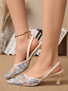 Fall/Winter 2025 New Chinese Style White High Heel Mules, Women Pointed Toe Lace Embroidery Slip-On Sandals,Elegant,Women Pumps,Elegent,Party Outfits