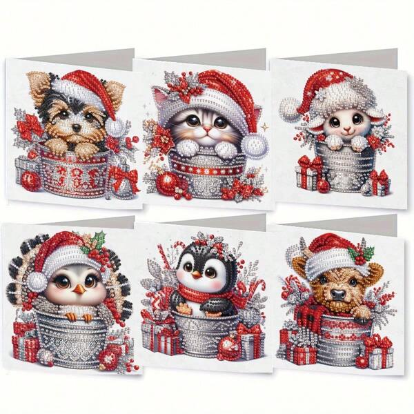 Kit com 6 cartões de felicitações com pintura de diamante para o Natal - Designs exclusivos para o feriado com bonecos de neve, Papai Noel e votos de felicidades | Perfeito para família, amigos e idosos | Artesanato artesanal faça você mesmo | 11,81 x 5,91 polegadas