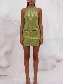 Women Sequin Two Piece Skirt Sets Halter Neck Backless Tie Up Top Bodycorn Mini Skirt Sets Sparkly Party Club Night Outfit - màu xanh lá - Xem 4