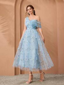 Elisanya Mgiacy、新品、单肩、浪漫、3D花卉、刺绣、不对称、优雅、伴娘礼服、褶饰、淡紫色、长裙 - 淺藍色 - 查看 4