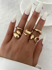 5pcs/Set Vintage Simple Minimalist Thick Chunky Round Design Open Ring Set, Asymmetrical Fashionable Unique Finger Rings, Suitable For Women Daily Commute, Holiday Gifts, Party Decoration Charming Jewelry Set