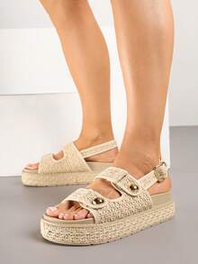 Thick Sole Sandals Decorated With Braid And Heel Strap - Khaki - View 2