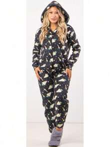Soft Jumpsuit With Women's Print For Youth And Adults Long Winter Pajamas Printed With Zipper - 彩色 - 查看 7