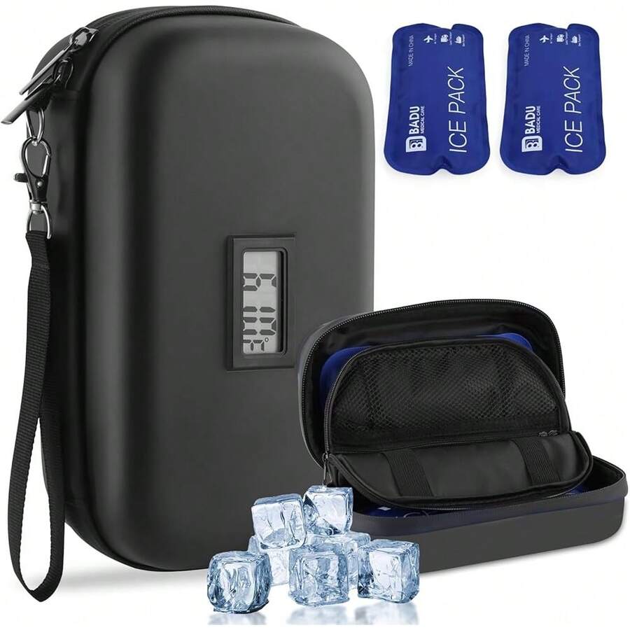New Insulin Cooler Travel Case TSA Roved Refrigerated Medicine Cooler For Travel W/Rmometer Temperature Display Diabetic Travel Case Bag W/2 Reusable Ice Packs For Daily Life Trip, Black - Black - View 1