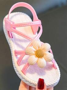 1 Pair Girls Summer Flower Decorated Slip-On Slides, Convenient Hook & Loop Closure, Wear Indoors Or Outdoors