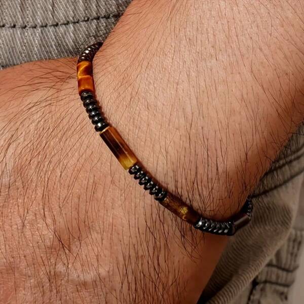 1 Retro Tiger Eye Stone Bead Bracelet, Suitable As A Fashionable Accessory For Men And Women's Daily Leisure And Special Occasions/Holiday Gift/For Family/Friends