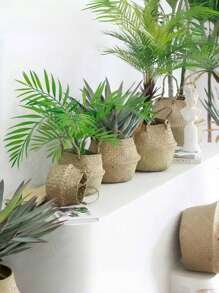 1 pieza Cesta grande de planta tejida a mano con borlas blancas, cesta de almacenamiento de paja natural de mar plegable, versátil, maceta de flores y plantas, macetero de jardín, contenedor de plantas de paja trenzada, decoración de mesa, ventana y piso para interiores y exteriores del hogar